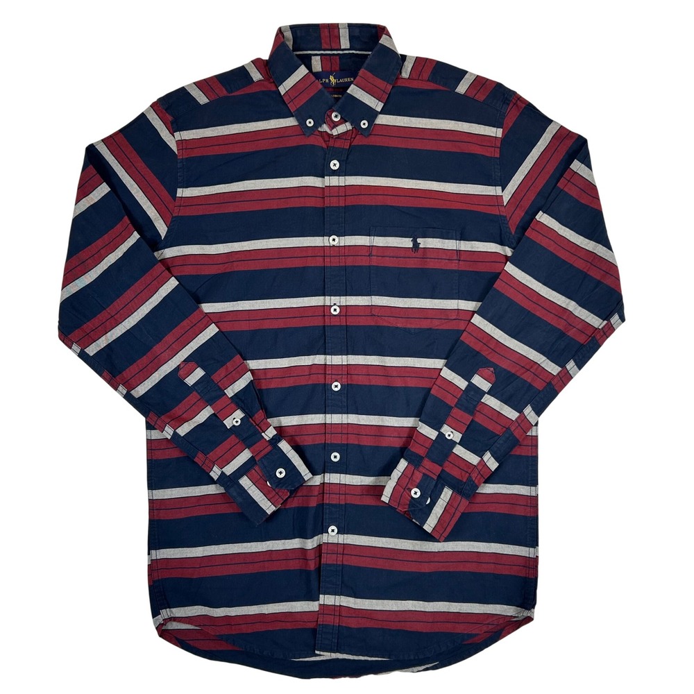 Polo Ralph Lauren Mens Custom Fit Striped Button Down Shirt Navy Red Grey L